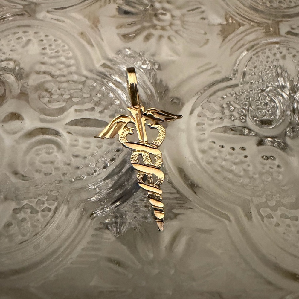 14kt solid yellow Gold Caduceus Staff of Hermes Pendant Charm Greek Mythology - Picture 3 of 5